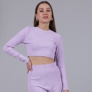 H & M Divided Long Sleeve Tie Around Neck Crop Top Lavendar XS